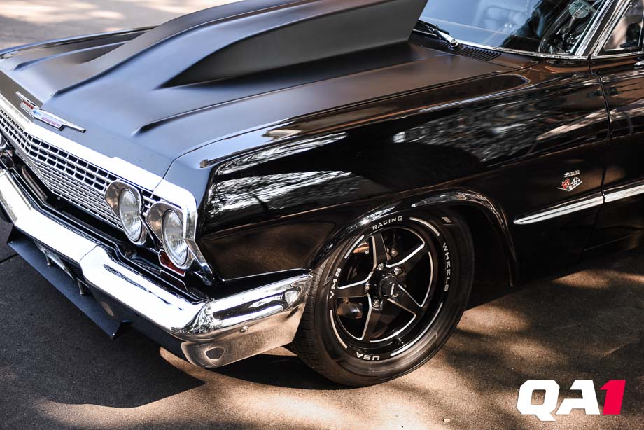 The front end and QA1 suspension on a 1963 Chevy Impala.