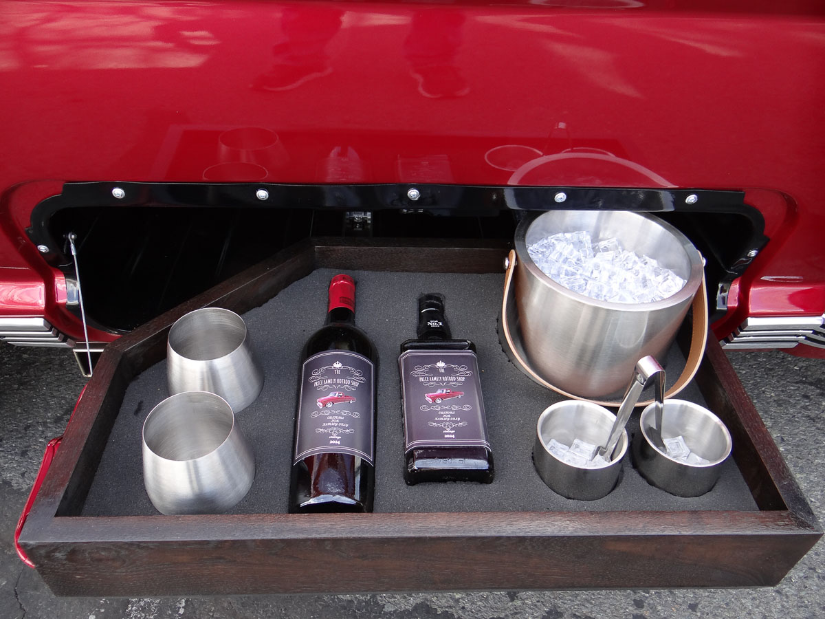 Close-up of the factory bedside toolbox transformed into “Ben’s Bar,” a custom portable bar.