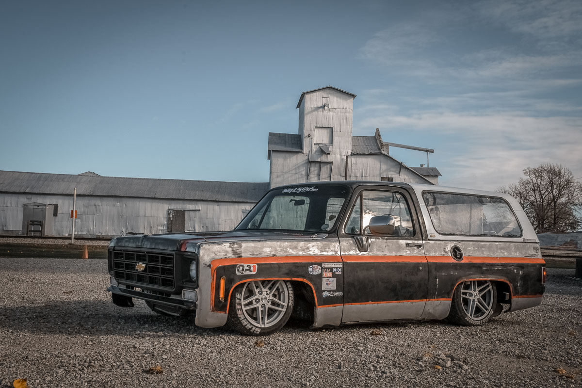 Front view of the Blahvette, a 1990 Chevrolet Blazer on a 2000 Corvette chassis, showcasing its low stance and custom paint.