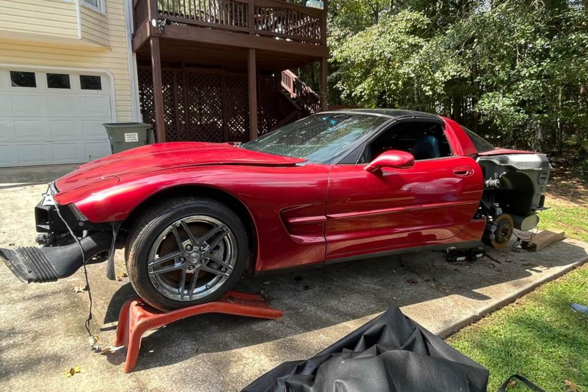 he bent Corvette frame before repair, highlighting one of the major build challenges.