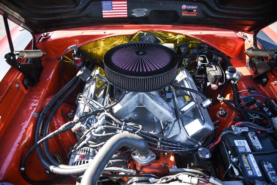 A Big block Mopar engine in a 1969 Plymouth Road Runner.