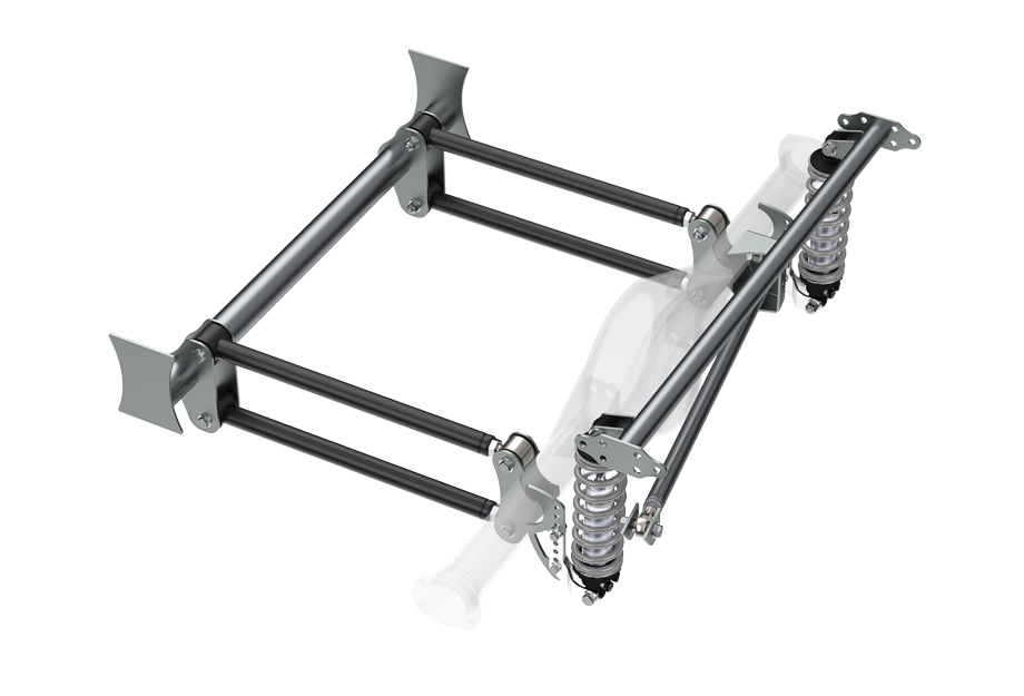 Top view of a parallel 4-link setup, showcasing how the control arms maintain their parallel position throughout suspension travel, emphasizing its simplicity and effectiveness in straight-line performance.