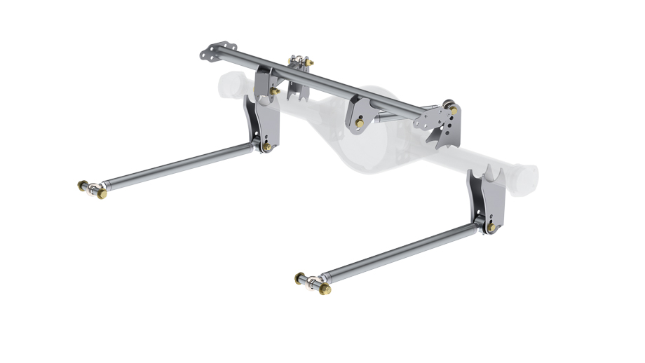 Shot of a triangulated 4-link suspension, highlighting the compact design with angled upper arms, providing space for exhaust routing.