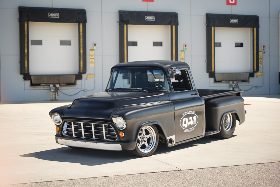 Front view of Rob McPherson’s 1956 Chevy pickup in black epoxy primer finish.