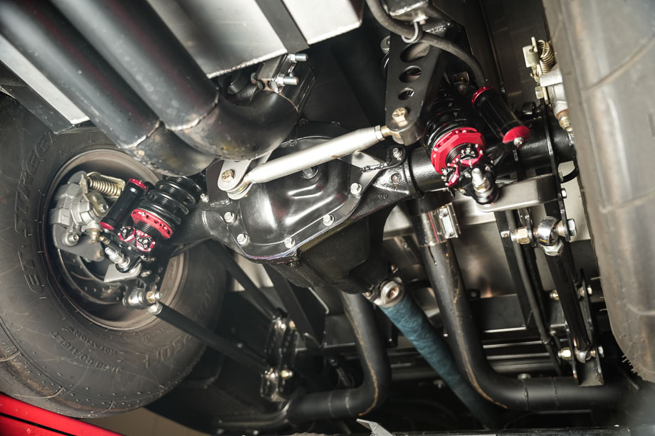 Rear angle showing the custom 4-link suspension and Watts link on the 1956 Chevy truck.